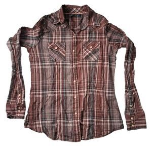 Cruel Girl Womens Medium Brown Plaid Pearl Snap Western Shirt Cowgirl Gorpcore
